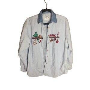 Solutions Original Christmas Embroidered Striped Shirt Denim Collar Large Cotton